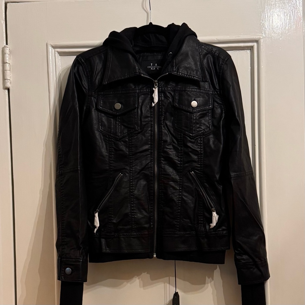 Coalition LA Black Faux Leather Jacket with Hoodie
